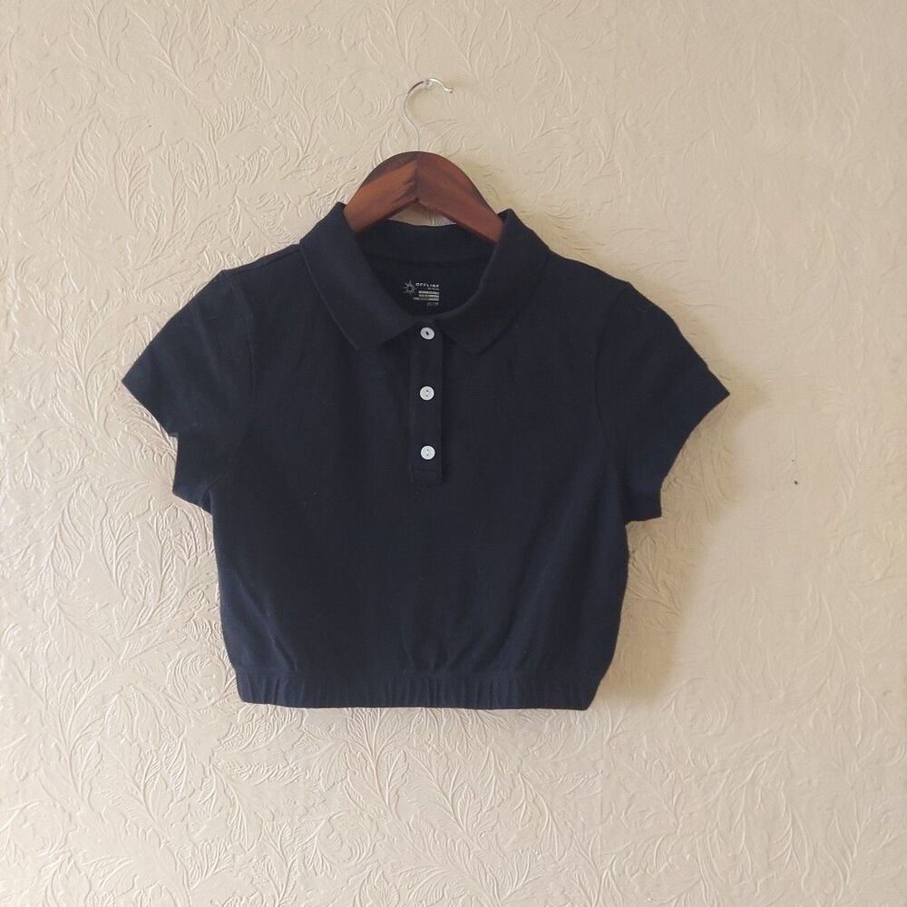 Offline By Aerie Black Cropped Short Sleeve Polo Shirt NEW Sz XS